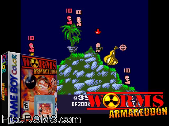 Worms Armageddon[T+Pol] Gameboy Color game showing 3D box cover and gameplay screenshot